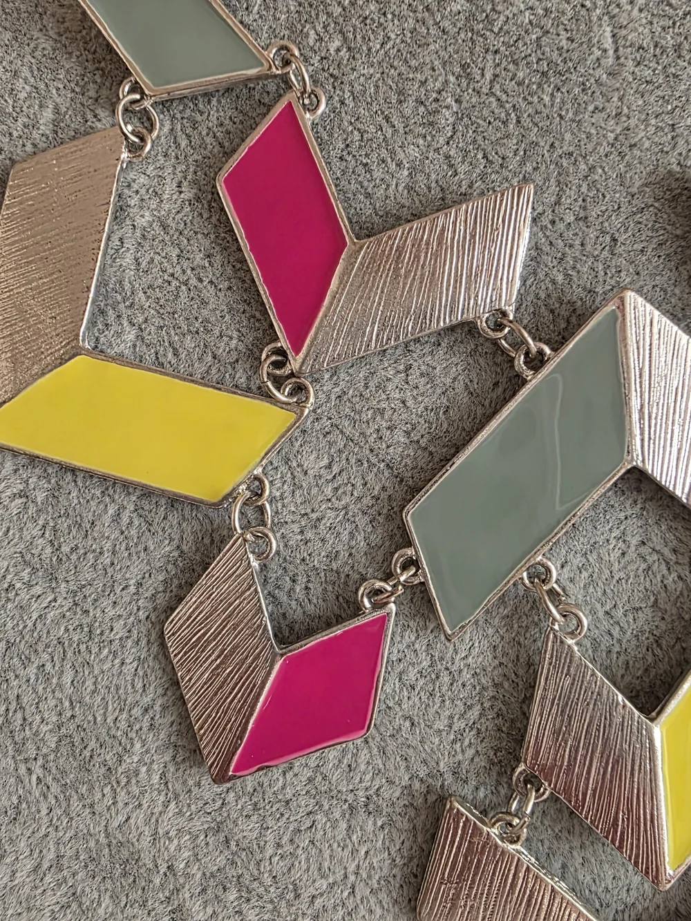 Geometric Chevron Statement Necklace & Earrings Set in Pink, Yellow & Slate Blue
